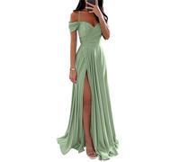 YIANN Robes de demoiselle d'honneur en satin avec épaules dénudées pour femmes avec fente plissée une ligne formelle robe de bal, Vert sauge., 36