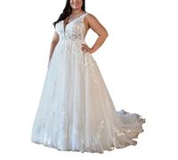 YIANN Robes de mariée blanches pour femmes avec traîne, en A, col en V, dentelle applique, grande taille, robe de mariée UK32 YIANN Robes de mariée blanches pour femmes avec traîne, en A, col en V