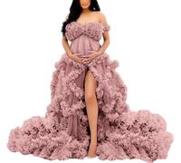YIANN Robes de maternité à épaules dénudées longues en tulle avec volants pour séance photo - Robe de grossesse pour baby shower, vieux rose, 46