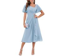 YIANN Robes élégantes de longueur thé pour mère de la mariée avec manches pour mariage, en mousseline de soie, coupe A, robe de soirée formelle, bleu clair, 48 Grande taille