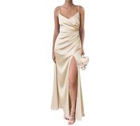 YIANN Spaghetti Strap V Neck Satin Robes de demoiselle d'honneur avec fente plissée Corset Longue robe de bal Robe de soirée, champagne, 34