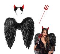 Yi'antai 60cm Noir Ailes Démon d'ange, Ailes d'ange avec Cornes de Démon, Ailes d'ange Plumes avec Baguette Démon, Costume d'ailes d'ange, Diable Costume Femme Ange Costume, Carnaval Déguisement
