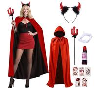 Yi'antai Costume de Diable pour Femme, Costume d'Halloween pour Femme, Costume Halloween Femme Demon, Cape de Diable, Cornes de Diable, Fourche du diable, Vampire Dents Faux Sang