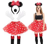 Yi'antai Costume de souris pour femme - Tutu rouge à pois blancs - Serre-tête avec oreilles de souris - Ensemble de gants - Chaussettes de nez - Costume de carnaval pour femme et fille