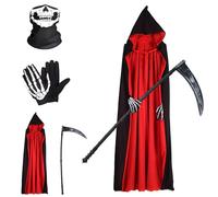 Yi'antai Déguisement faucheur, Costume d'halloween, Halloween Capuche Cape Noire avec Halloween Faucille Masque d'horreur et des Gants de crâne pour Halloween Décoration Faucheuse (Noir Rouge), 140