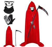 Yi'antai Déguisement faucheur, Costume d'halloween, Halloween Capuche Cape Rouge avec Halloween Faucille Masque d'horreur et des Gants de crâne pour Halloween Décoration Faucheuse (E)
