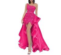 YIAX143 Robe de bal courte à paillettes à une épaule pour adolescents avec train détachable en tulle, rose vif, 34