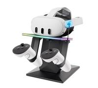 YIBEICO Station de charge pour Quest 3/Quest 3S/Meta Quest 2/Quest Pro, support vertical de charge RVB, accessoires avec réglage de la luminosité et réglage de 14 effets d'éclairage, port de charge de