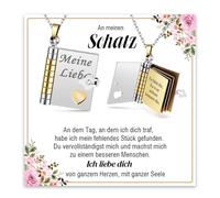 YIBONIKA Cadeau de Saint-Valentin pour elle, pendentif à charnière, 6 pages, à charnière, à ouvrir, chaîne « An meinen Schatz, Ich liebe Dich » - Cadeau pour femme, anniversaire de mariage