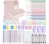 YIBONIKA Lot de 69 fournitures scolaires esthétiques avec trousse rose, 12 surligneurs pastel, 5 stylos gel, 12 porte-mines de 0,5 et 0,7 mm, bloc-notes, notes adhésives pour l'école et le bureau