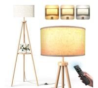YICAIZI Lampadaire Trépied LED sur Pied Salon avec Étagères de Rangement - 12W Lampe sur Pied Bois avec Télécommande & E27 Ampoule, Lampe Liseuse Réglables pour Salon, Bureau, Chambre, Bois Naturel