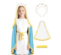 Yickoon Déguisement biblique religieux de la Vierge Marie pour fille, costume de Sainte Bible pour enfants, bandeau, chapeau, taille, corde et bandeau