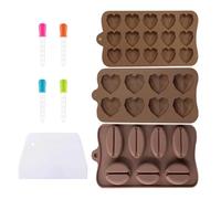 Yicoovey Lot de 3 moules en silicone de qualité supérieure - Moules en forme de cœur et de grains de café pour chocolat/fromage/mousse - Avec spatule et douilles + 7/8/15 compartiments