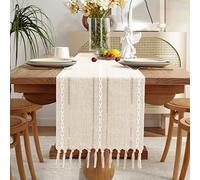 Yicorgard Chemin de Table d'automne tressé à Rayures en Lin avec Pampilles pour Salle à Manger, Cuisine, Lecture, Commode, 33 x 228 cm de Long, Blanc Ivoire