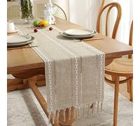 Yicorgard Chemin de table de ferme - Style rustique - 33 x 183 cm - Tressé - En lin - Avec pompons - Pour salle à manger, cuisine, lecture, commode - Kaki