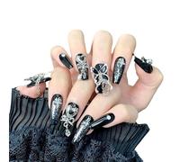Yidai-Silu K11 Lot de 10 patchs à ongles 3D faits à la main, en acrylique, à coller avec colle, amovibles, mi-long, couverture complète, en acrylique, noir gothique, pour femme