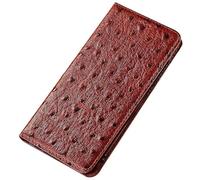 Yidai-Silu Kompatibel für Xiaomi 12 / 12X / 12S Luxus Echtleder Hülle + Straußenmuster Kartenfach Standfunktion Magnetverschluss Stoßfestes Case Handyhülle Schutzhülle Etui Klapphülle - Rot