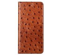Yidai-Silu Kompatibel für Xiaomi 17 Luxus Echtleder Hülle + Straußenmuster Kartenfach Standfunktion Magnetverschluss Stoßfestes Case Handyhülle Schutzhülle Etui Klapphülle - Kaffee