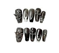 Yidai-Silu S21 Lot de 10 patchs à ongles 3D faits à la main pour ongles artificiels, à coller avec de la colle, amovibles, moyens, longs, en acrylique, noir, pour femme