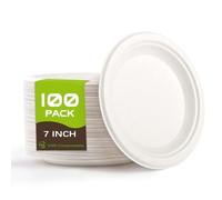 Yidaxing 100 Pcs Assiettes Jetables, Assiettes Rondes en Canne à Sucre Biodégradables, Vaisselle en Carton Écologique pour Fête Anniversaires Camping Pique-Niques Barbecues (17.8cm, Blanc)