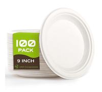 Yidaxing 100 Pcs Assiettes Jetables, Grande Assiettes Rondes en Canne à Sucre Biodégradables, Vaisselle en Carton Écologique pour Fête Anniversaires Camping Pique-Niques (22.8cm, Blanc)