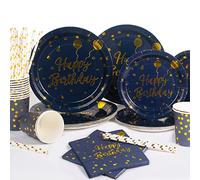 Yidaxing 120pcs Assiette Jetable Anniversaire, Vaisselle Jetable Bleu Marine et Or Papier, Vaisselles Anniversaires Anniversaire Homme, Assiettes Gobelets Pailles et Serviettes, 24 invités