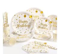Yidaxing 120PCS Vaisselle Jetable Anniversaire Assiettes Or Blanche, Vaisselle Pailles en Papier et Serviettes Gobelets, Fete Anniversaire Vaisselle Blanche Gold pour Fille Femme, 24 Invités
