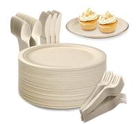 Yidaxing 200Pcs Assiettes Jetables en Canne à Sucre Biodégradables, Vaisselle Écologique, Grande Assiette Fourchettes Couteaux Cuillères pour Fête Camping et Pique Niques (17.8cm Couleur du Bois)