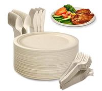 Yidaxing 200Pcs Assiettes Jetables en Canne à Sucre en Biodégradables, Vaisselle Écologique, Grande Assiette Fourchettes Couteaux Cuillères pour Fête Camping et Pique Niques (22.8cm Couleur du Bois)
