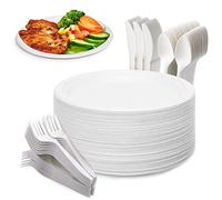 Yidaxing 200Pcs Assiettes Jetables en Canne à Sucre en Biodégradables, Vaisselle Écologique, Grande Assiette, Fourchettes, Couteaux et Cuillères pour La Fête, Le Camping et Les Pique-Niques (22.8cm)