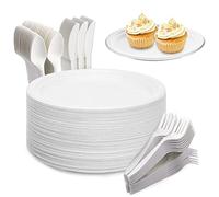 Yidaxing 200Pcs Assiettes Jetables en Canne à Sucre en Biodégradables, Vaisselle Écologique, Grande Assiette, Fourchettes, Couteaux et Cuillères pour Fête Camping et Pique-Niques (17.8cm Blanc)