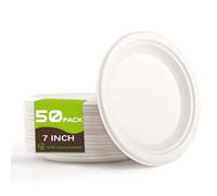 Yidaxing 50 Pcs Assiettes Jetables, Assiettes Rondes en Canne à Sucre Biodégradables, Vaisselle en Carton Écologique pour Fête Anniversaires Camping Pique-Niques Barbecues (17.8cm, Blanc)