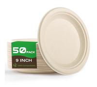Yidaxing 50 Pcs Assiettes Jetables, Grande Assiettes Rondes en Canne à Sucre Biodégradables, Vaisselle en Carton Écologique pour Fête Anniversaires Camping Pique-Niques(22.8cm, Couleur du Bois)