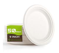 Yidaxing 50 Pcs Assiettes Jetables, Grande Assiettes Rondes en Canne à Sucre Biodégradables, Vaisselle en Carton Écologique pour Fête Anniversaires Camping Pique-Niques (22.8cm, Blanc)