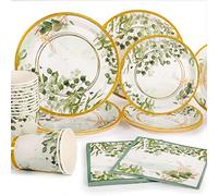 Yidaxing Assiette Jetable Anniversaire Or Vert, Vaisselle Jetable Anniversaire Set Fille Garço, Gobelets Pailles en Papier et Serviettes pour Mariages Fête Baby Shower, 24 Invités