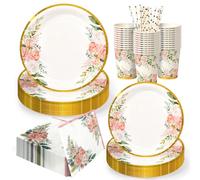 Yidaxing Assiette Jetable,Assiettes Hawaïennes,Couvert Jetable 25 Invités | 125pcs Assiette Jetable Or Rose Fleurs,Vaisselle Jetable pour Décoration Fête,Barbecue de Mariage Anniversaire Baby Shower