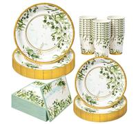 Yidaxing Assiette Jetable,Assiettes Or Vert,Couvert Jetable 24 Invités | Assiette Jetable Or Vert Fleurs,Vaisselle Jetable pour Décoration Fête,Barbecue de Mariage Anniversaire Baby Shower