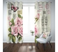 Yidbhsse Rideaux Occultant Vintage Rose Lot De 2 117x183 cm, Rideau Thermique Anti Froid Motif Fleur Rideau Opaque Papillon Architecture À Oeillets Occultant Draperies pour Chambre Salon Bureau