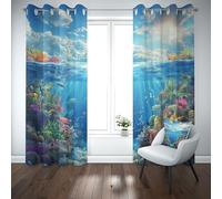 Yidbhsse Rideaux Thermiques Isolants Anti Froid Océan Poisson Lot De 2 117x137 cm, Corail Bleu Rideaux Occultant À Oeillets, Fond Marin Opaque Rideau pour Chambre Et Salon