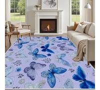 Yidbhsse Tapis Bleu Papillon Chambre, Tapis Animaux Botanique Interieur À Poils Courts, Tapis De Sol Feuille Lavable, Antidérapant pour Cuisine Salon 200x230 cm