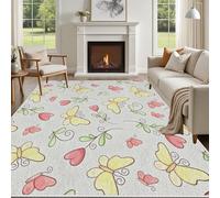 Yidbhsse Tapis Salon Animaux Cœur, Tapis De Sol Papillon Amour Antidérapant Interieu, Grand Tapis Feuille Botanique Lavable en Machine, Poils Courts pour Interieur Cuisine Decoration 200x300 cm
