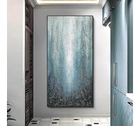 YIdhDCgj Décoration murale - Grand format - Tableau abstrait texturé à l'huile représentant une cascade sous la pluie bleue (65 x 125 cm/avec bordure noire)