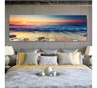 YIdhDCgj Grande toile murale représentant un coucher de soleil sur la plage - Impression vibrante d'un paysage côtier, œuvre d'art nautique moderne (35 x 105 cm/sans cadre)