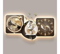 Yidlkecqey Décoration Murale 3D en Grès avec Horloge Silencieuse et LED, Tableau Lumineux avec Vase pour Plantes Réelles, Art Mural Moderne(Type F,70x140cm/27.5x55.1in)
