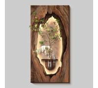 Yidlkecqey Décoration Murale 3D en grès Effet Bois avec éclairage LED, Tableau Mural Lumineux sans Cadre avec Vase hydroponique et Figurine de Lapin(Type E,60x120cm/23.6x47.2in)