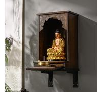Yidlkecqey Table d'autel pour sanctuaire avec support de statue de Bouddha murale, en bois massif, plaque rétractable et plate-forme d'offrande pour niche de Bouddha (35 x 35 x 50 cm/13,8 x 13,8 x