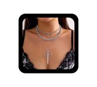 Yienate Collier ras du cou punk en forme de poignard en argent vintage avec pendentif en forme d'épée et de croix - Collier gothique assorti à travers le cercle - Collier multicouche épais pour femme
