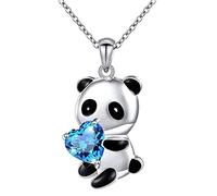 Yienate Cristal Panda Collier Argent Coeur Bleu Pendentif Collier Chaîne Coeur Amour Collier Mignon Animal Bijoux Cadeau pour Femmes Filles
