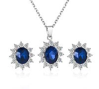 Yienate Ensemble bijoux saphir pour mariage Collier pendentif saphir bleu princesse Boucles d'oreilles Collier zirconium Boucles d'oreilles Clous d'oreilles Bridal Bridesmaid Bijoux pour femmes filles