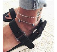 YienDoo Bracelet de cheville bohème multicouche avec pendentif en cristal vert - Bracelet délicat en argent - Chaîne de pied de plage - Accessoires pour femme